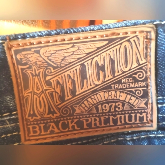 AFFLICTION Flapover BLAKE Black Premium Distressed Patches Y2k Denim Jeans 36 EC - Picture 12 of 16